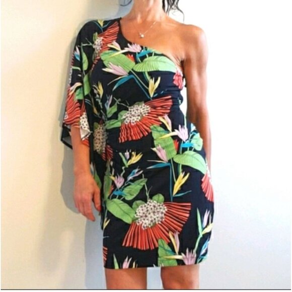 NEW Trina Turk Leaf/Tropical Print One Shoulder Mini Dress size 2‎ Multicolor - Picture 1 of 9